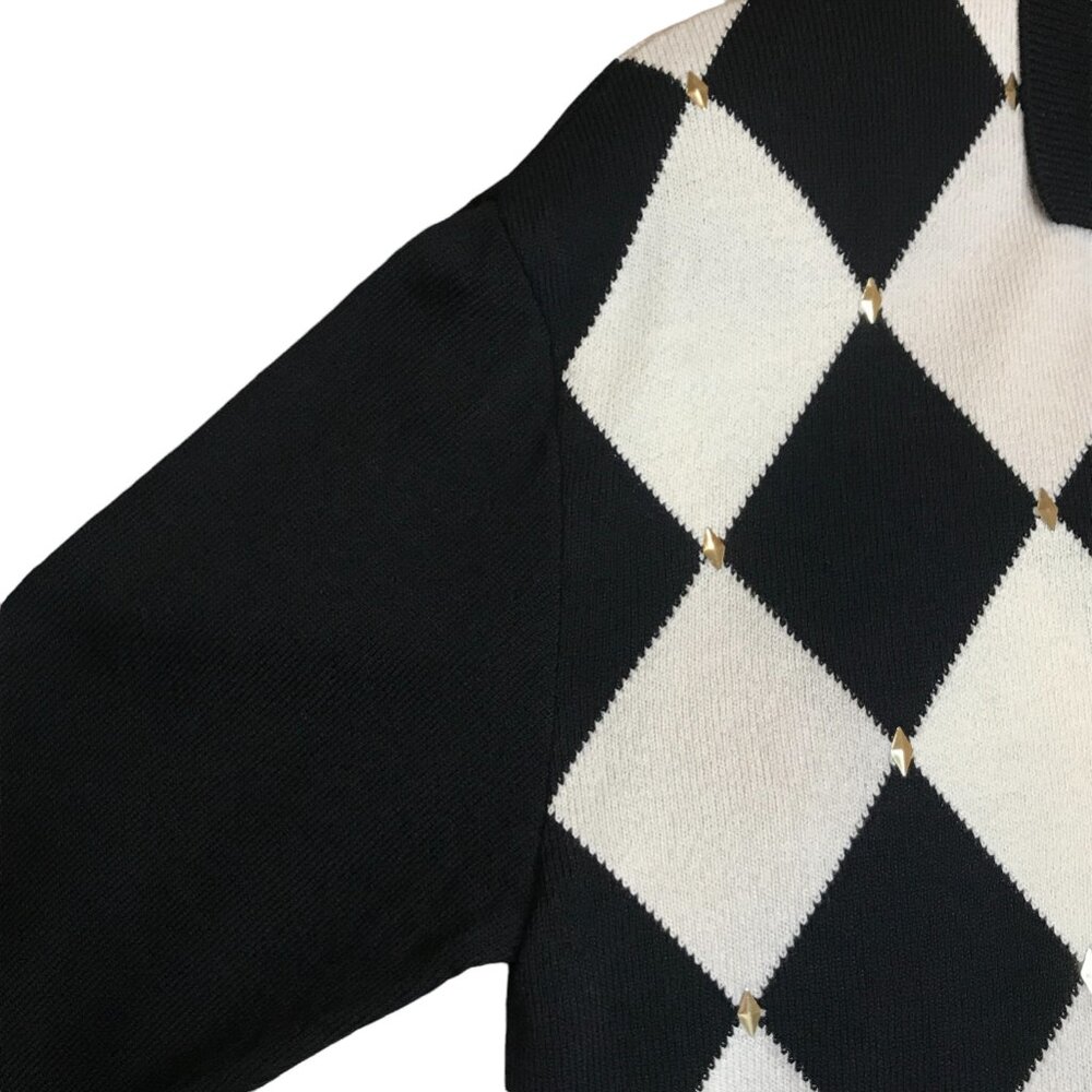 ST. JOHN Argyle Black White Diamond Collared Sweater Top - Size P - Picture 8 of 15